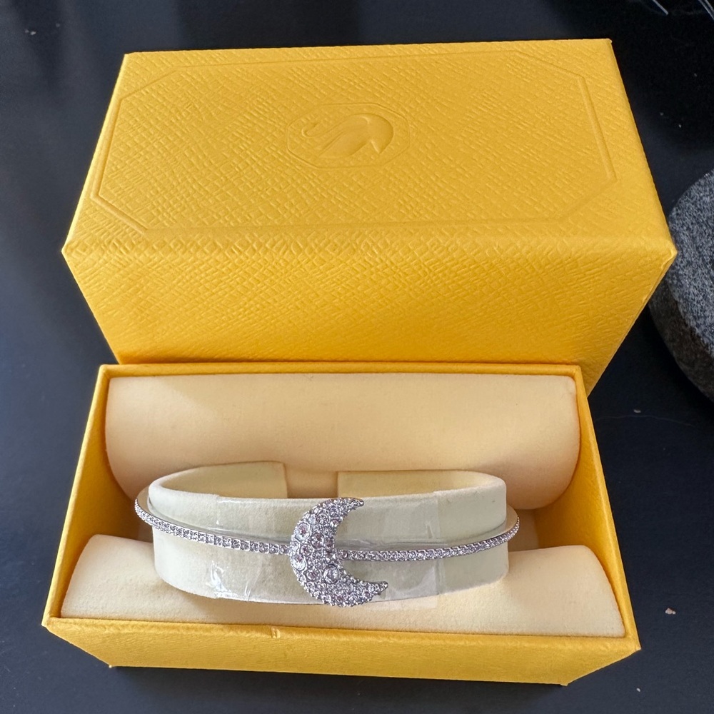 Swarovski Crystal Luna Rhodium-Plated White Bangle Bracelet